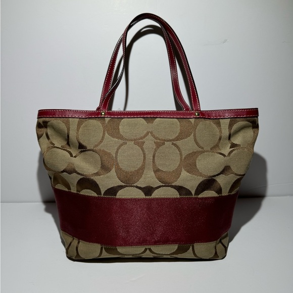 Coach Signature Striped Khaki & Crimson Canvas/ Leather Tote Bag‎ Vintage NWT - Picture 5 of 8